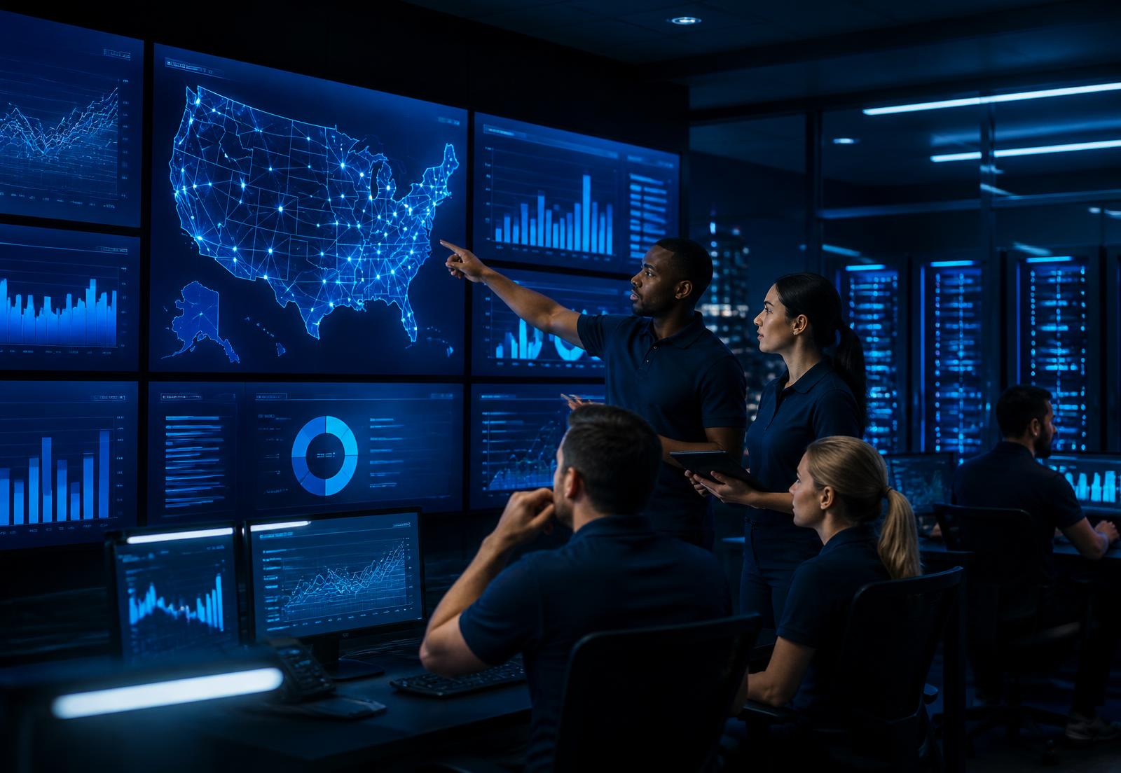 Tech-Key project coordinators reviewing nationwide technology deployment dashboards